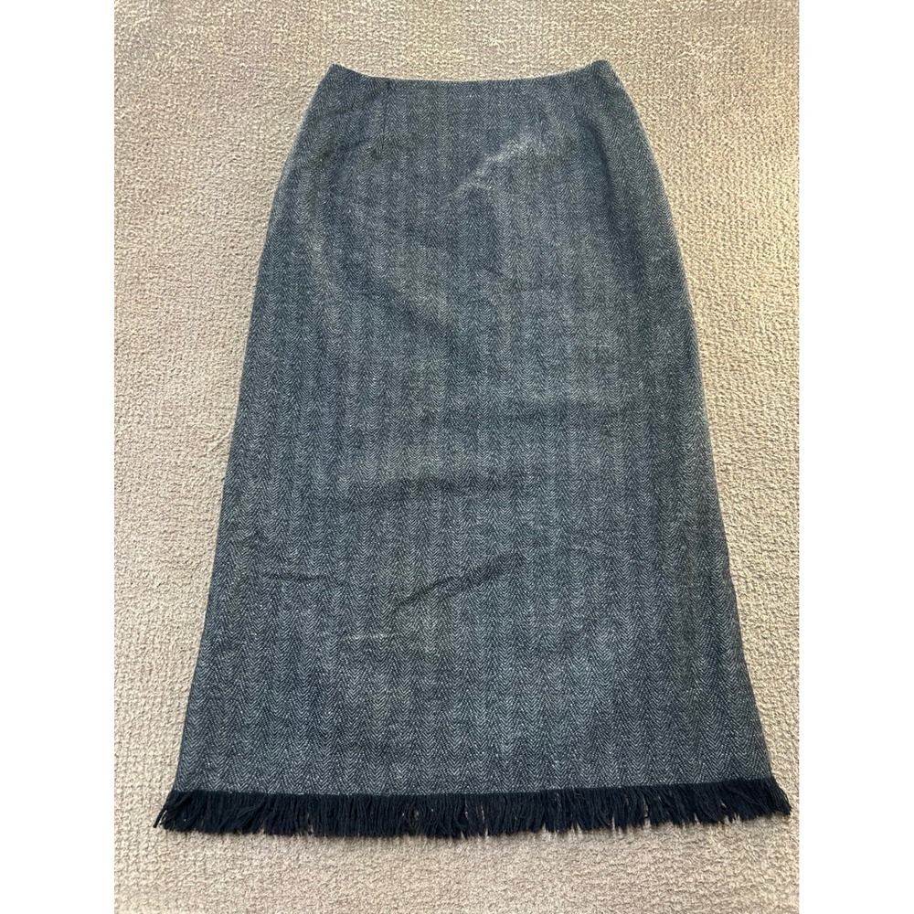 Harve Benard Wool Herringbone Maxi Skirt Grey Black Fringe Hem Size 12